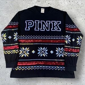 PINK Victoria Secret‎ Christmas Sequin Snowflake Long Sleeve Top Shirt M Vtg Y2K
